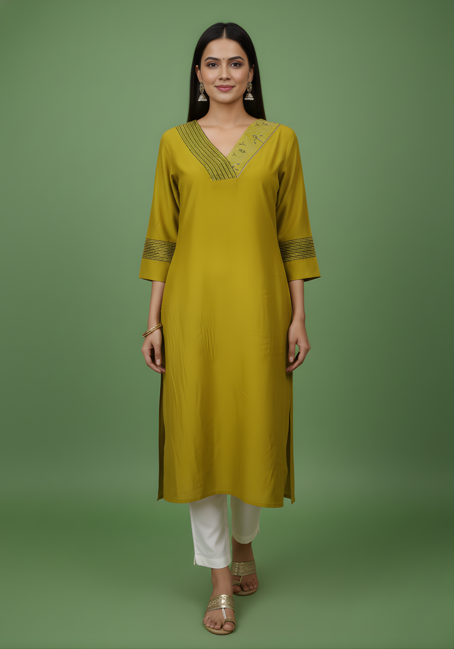 Woman wearing a mustard yellow kurta with white pants on a green background