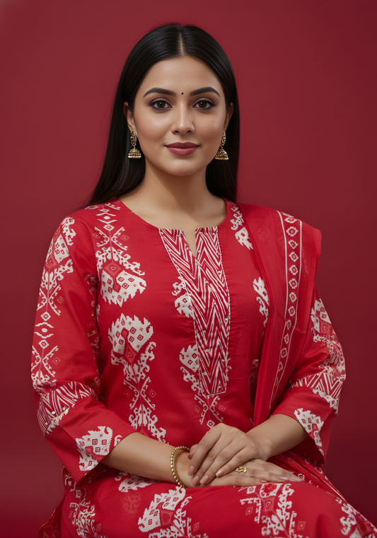Wholesale women cotton kurta pant dupatta set red