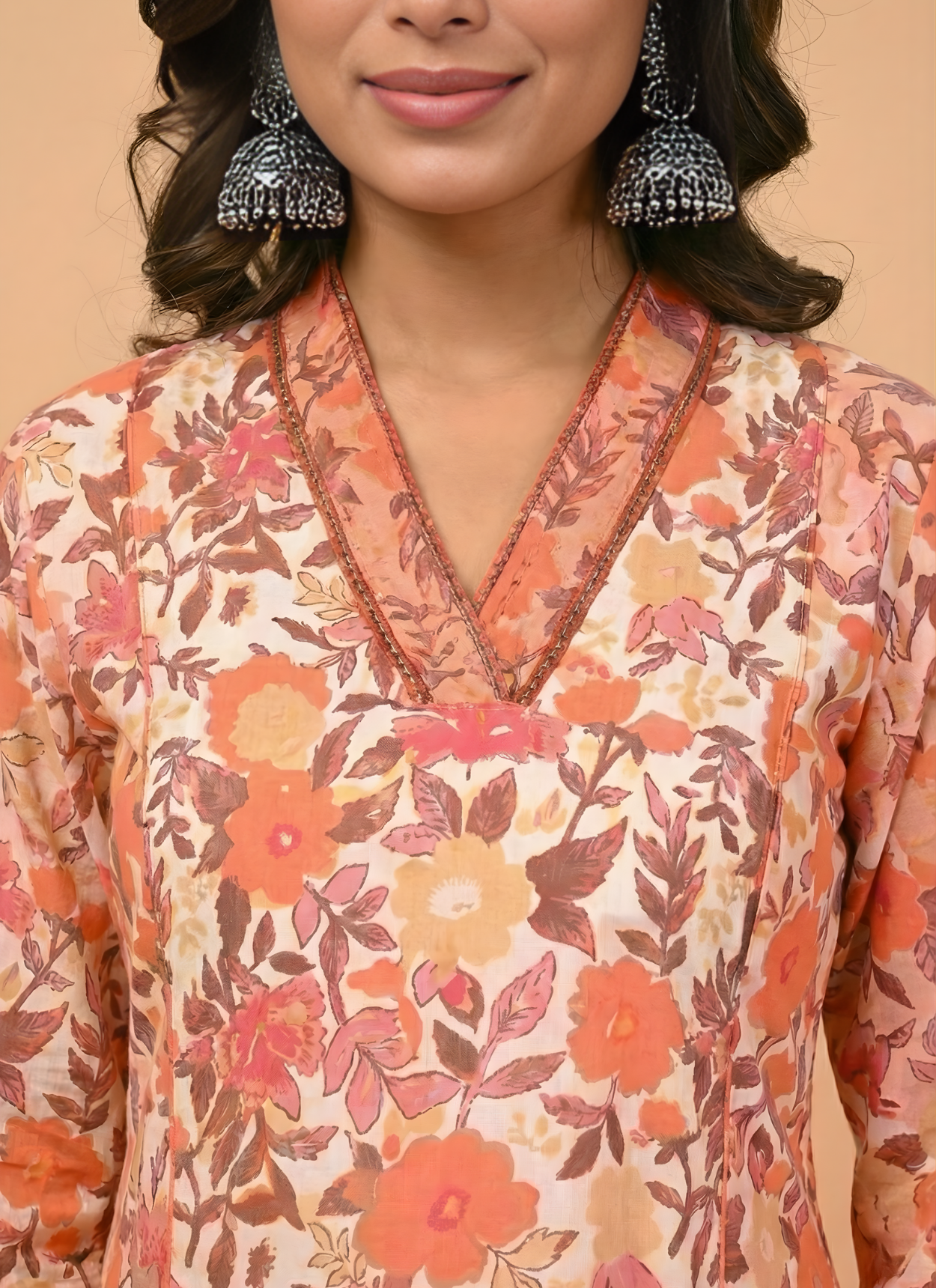 Peach Floral Pure Cotton Kurta Set
