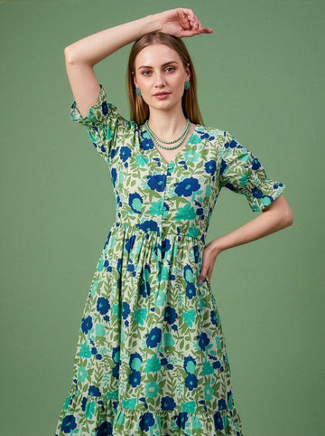 Floral Cotton Midi Dress Wholesale Manufacturer Women Wear