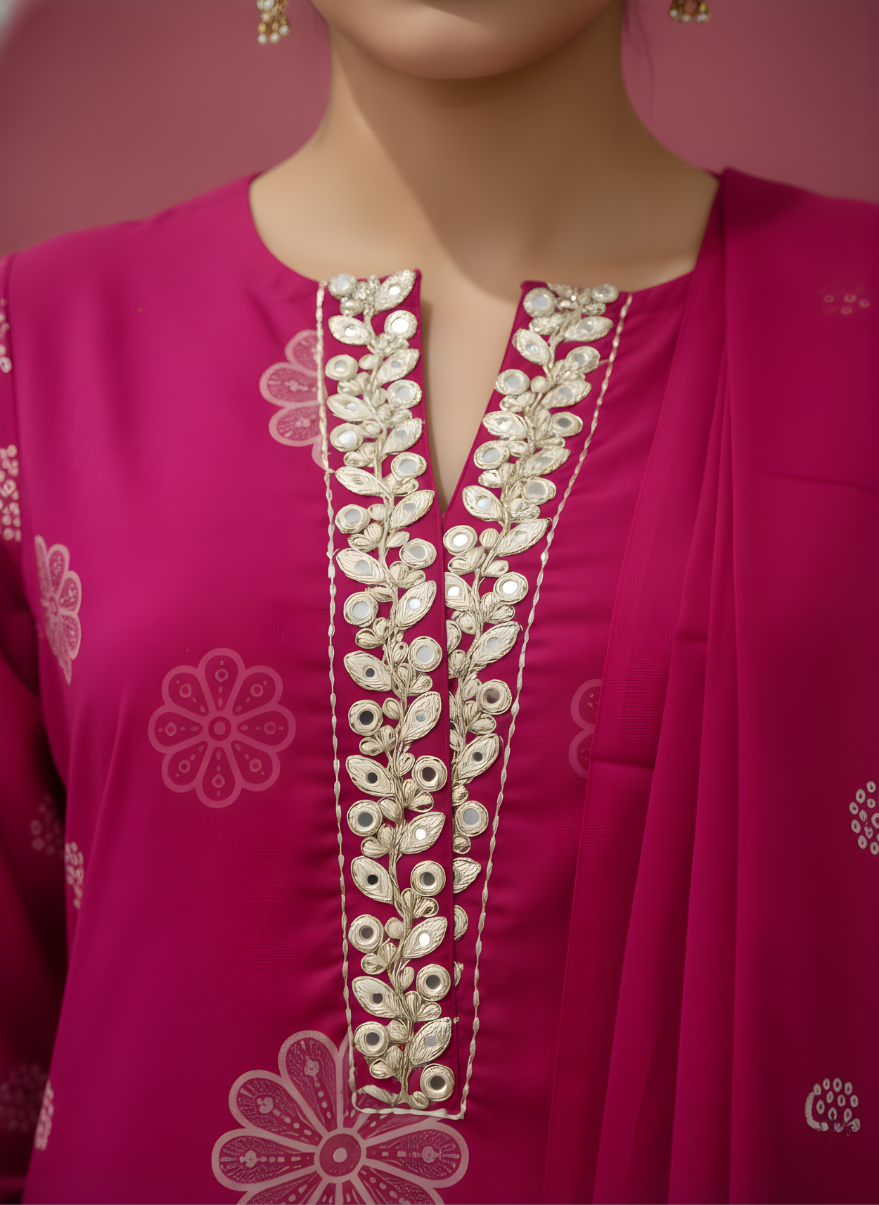 Close-up of a pink outfit with intricate white embroidery on a pink background