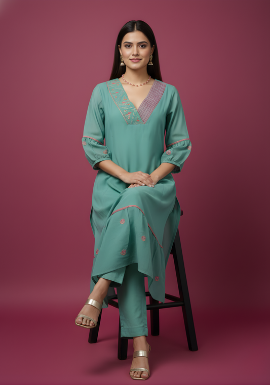 Green mul chanderi kurta set manufacturer supply