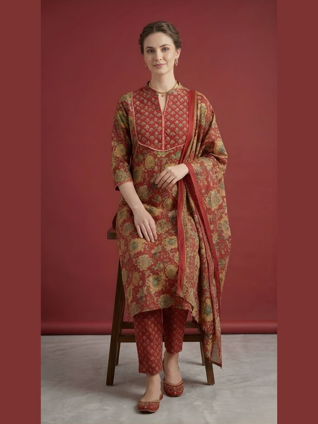 Red Printed Pure Cotton Kurti Dupatta Set Wholesale Manufacturer India
