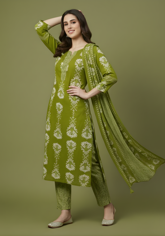 Wholesale women cotton kurta pant dupatta set green