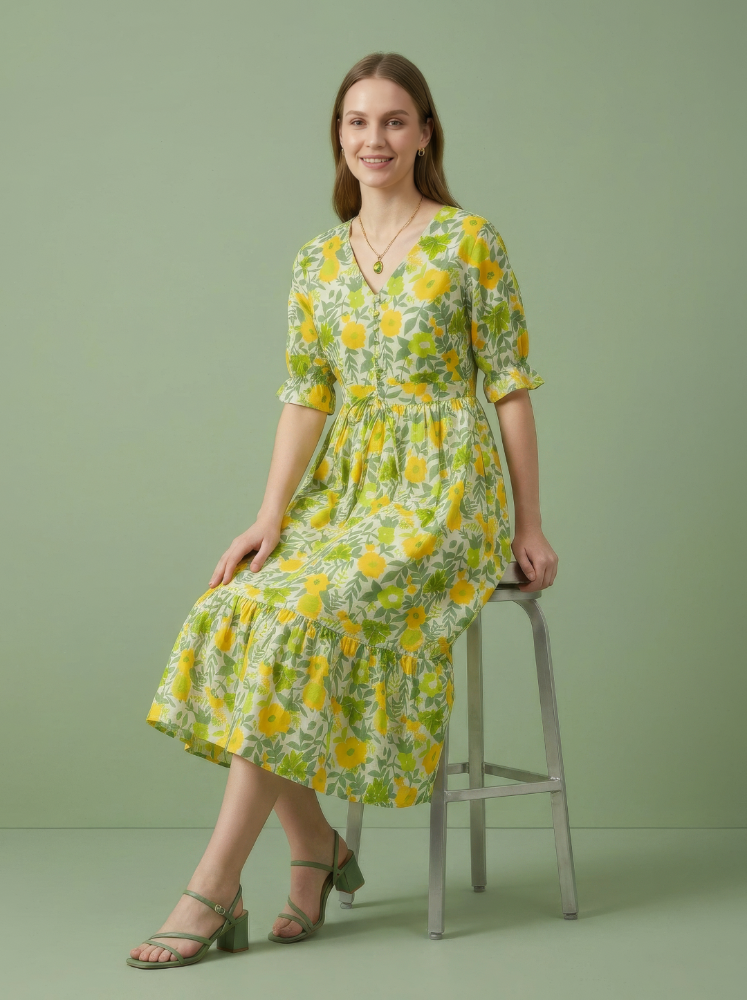 Yellow Floral Cotton Middy Dress Wholesale Manufacturer India