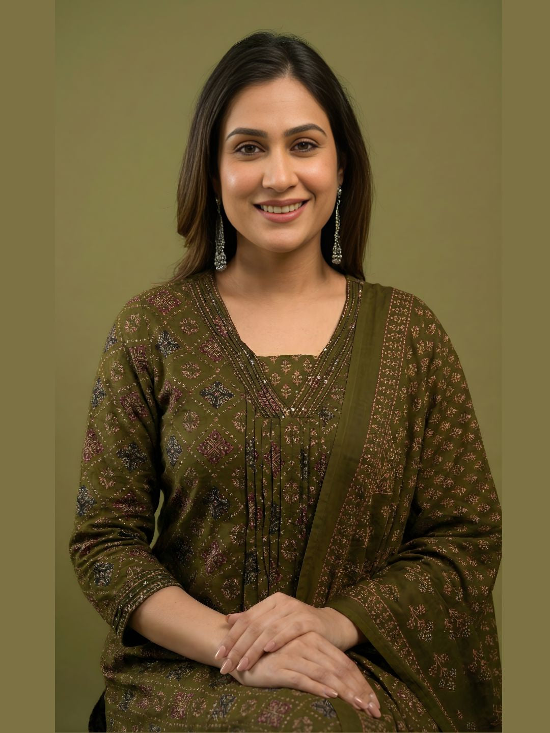 Olive Pure Cotton Dupatta Set Wholesale