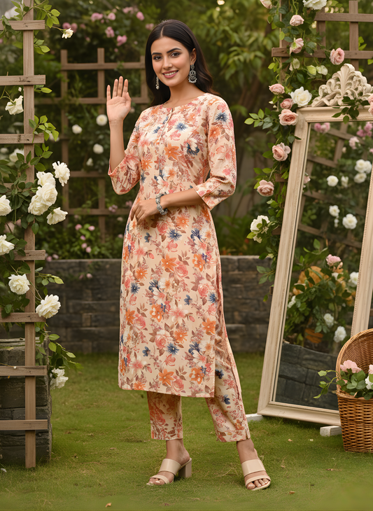Peach Floral Pure Cotton Self-Embroidered Kurta Set – Women Wear Wholesale Manufacturer