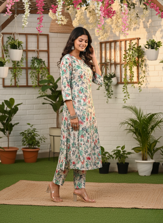 Ivory Floral Pure Cotton Self-Embroidered Kurta Set – Women Wear Wholesale Manufacturer