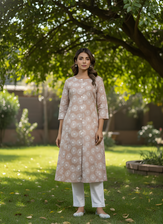Beige Jaipuri print cotton kurta set women
