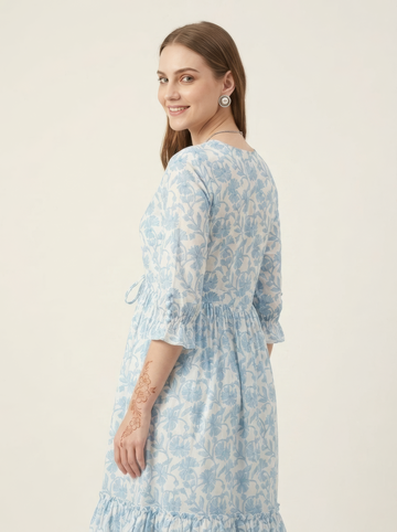 Blue Floral Cotton Middy Dress Wholesale Manufacturer India