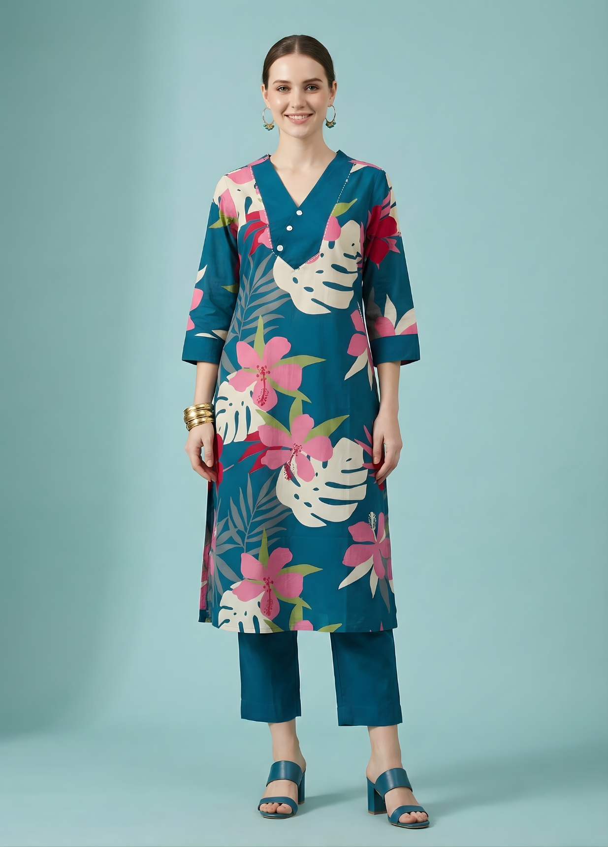 Floral print teal kurta set for women wholesale