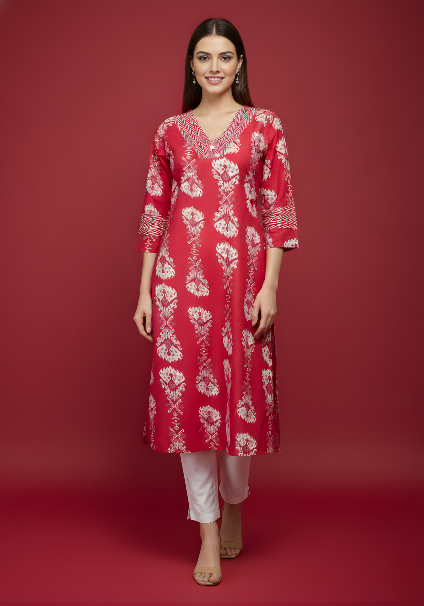 Woman wearing a red floral patterned kurta against a red background