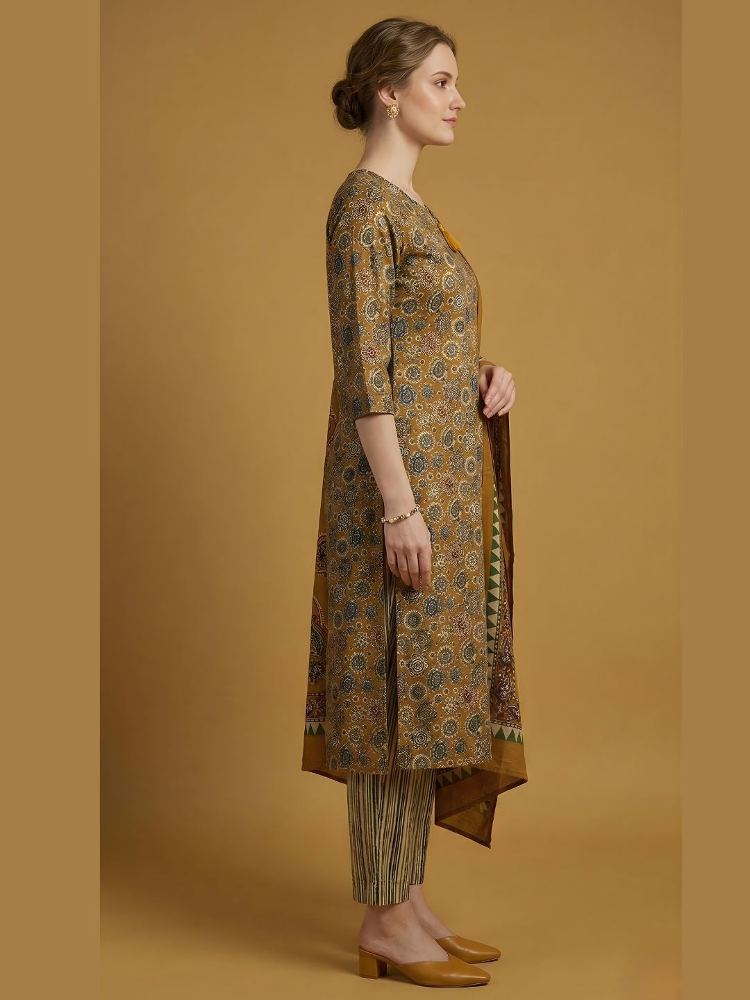 Mustard Printed Pure Cotton Kurti Dupatta Set Wholesale Manufacturer India