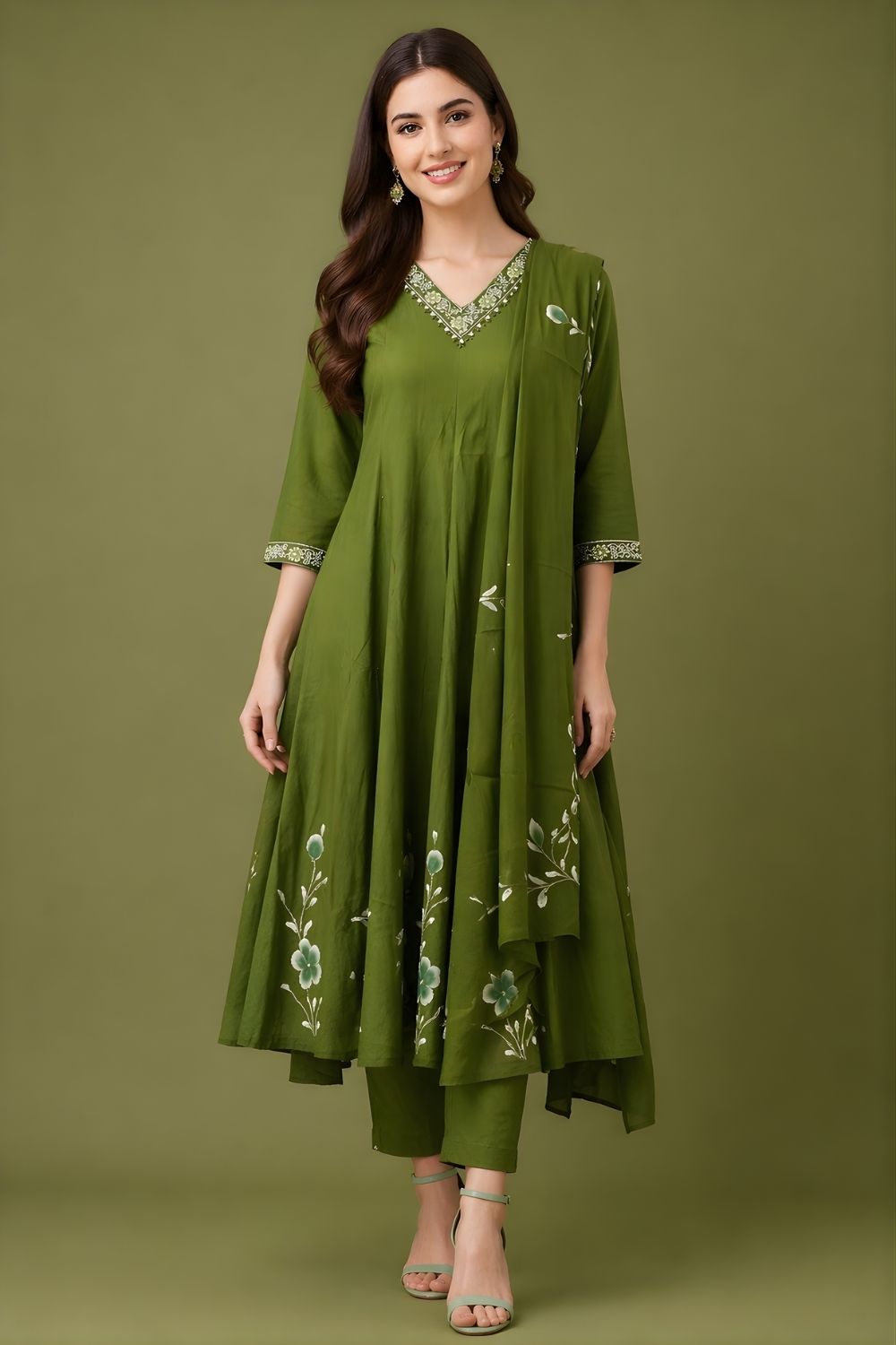 boutique wholesale kurti supplier green anarkali dupatta set India