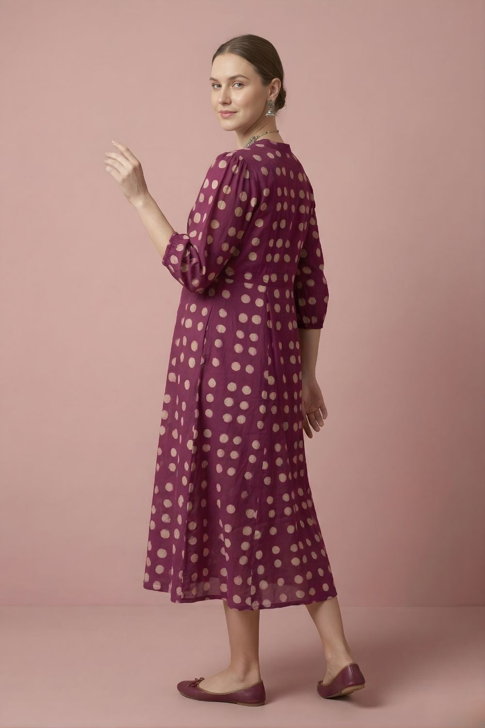 Magenta Polka Cotton Midi Dress Wholesale Manufacturer