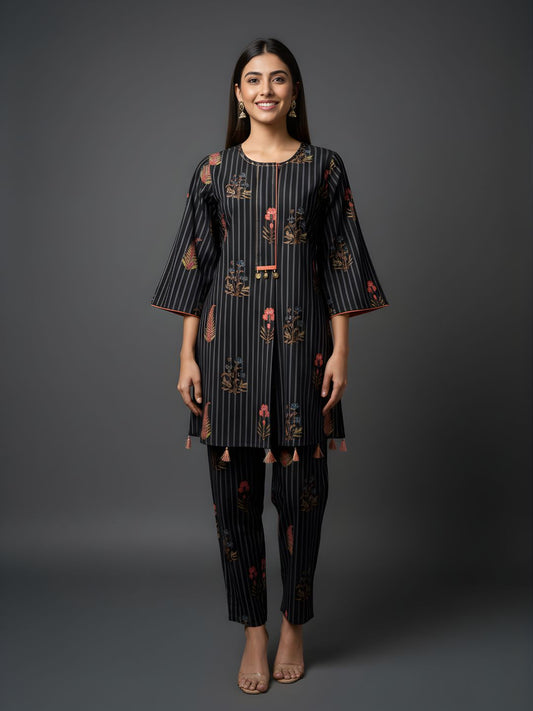 Pure Cotton Striped Floral Kurta Set – Wholesale & Women Wear Manufacturing Supply