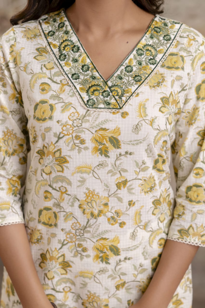 Cream Floral Pure Cotton Kurti Dupatta Set Wholesale Manufacturer India