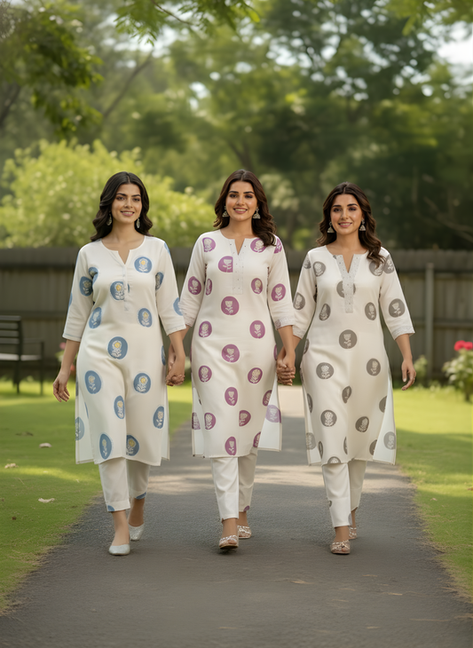 Three women in matching white outfits with patterned designs walking together on a path in a park.