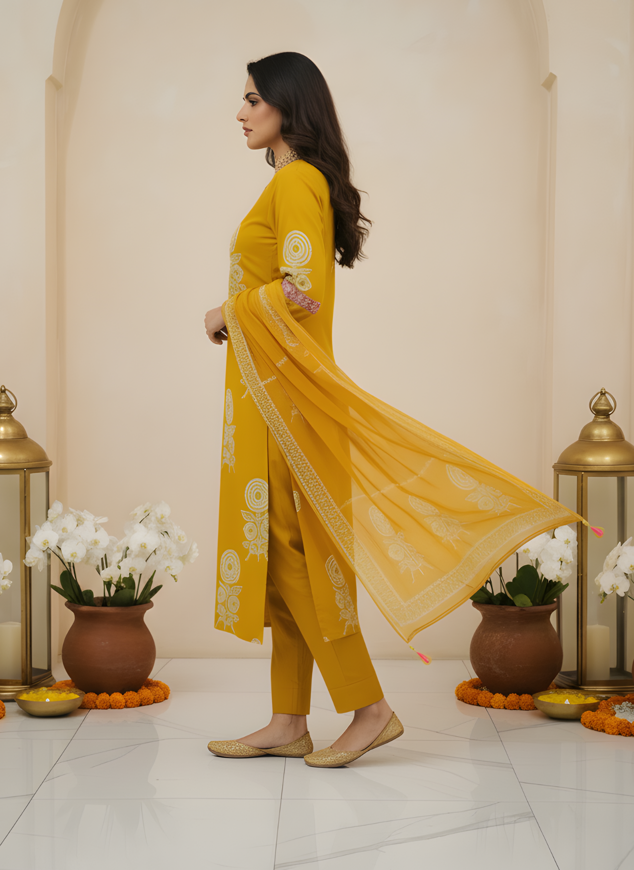 Mustard yellow ethnic cotton dupatta set women