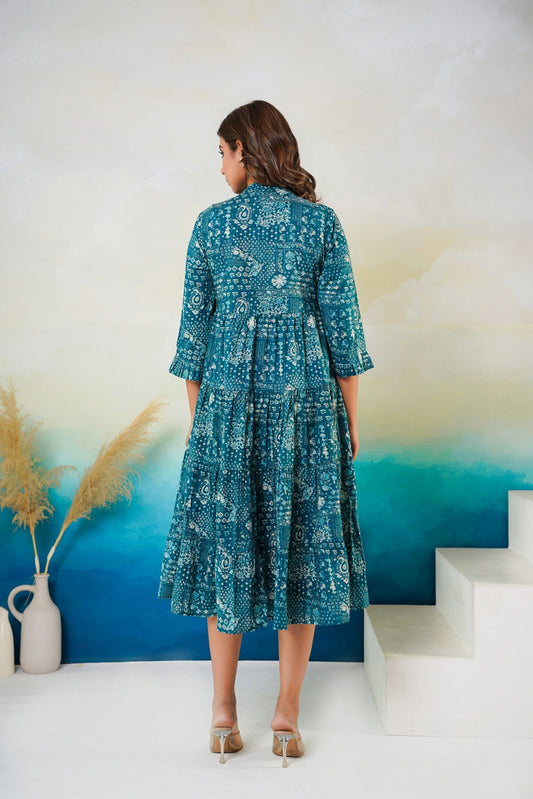 Neelufer Creation indigo printed pure cotton dress front view
