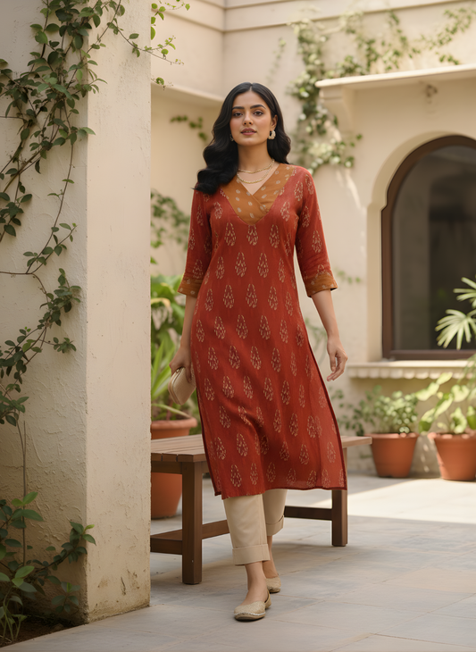 Aaronee handblock print kurta pant set in rust color