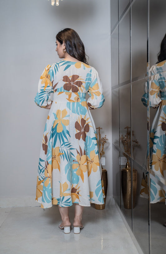 Blue and yellow ethnic cotton dress