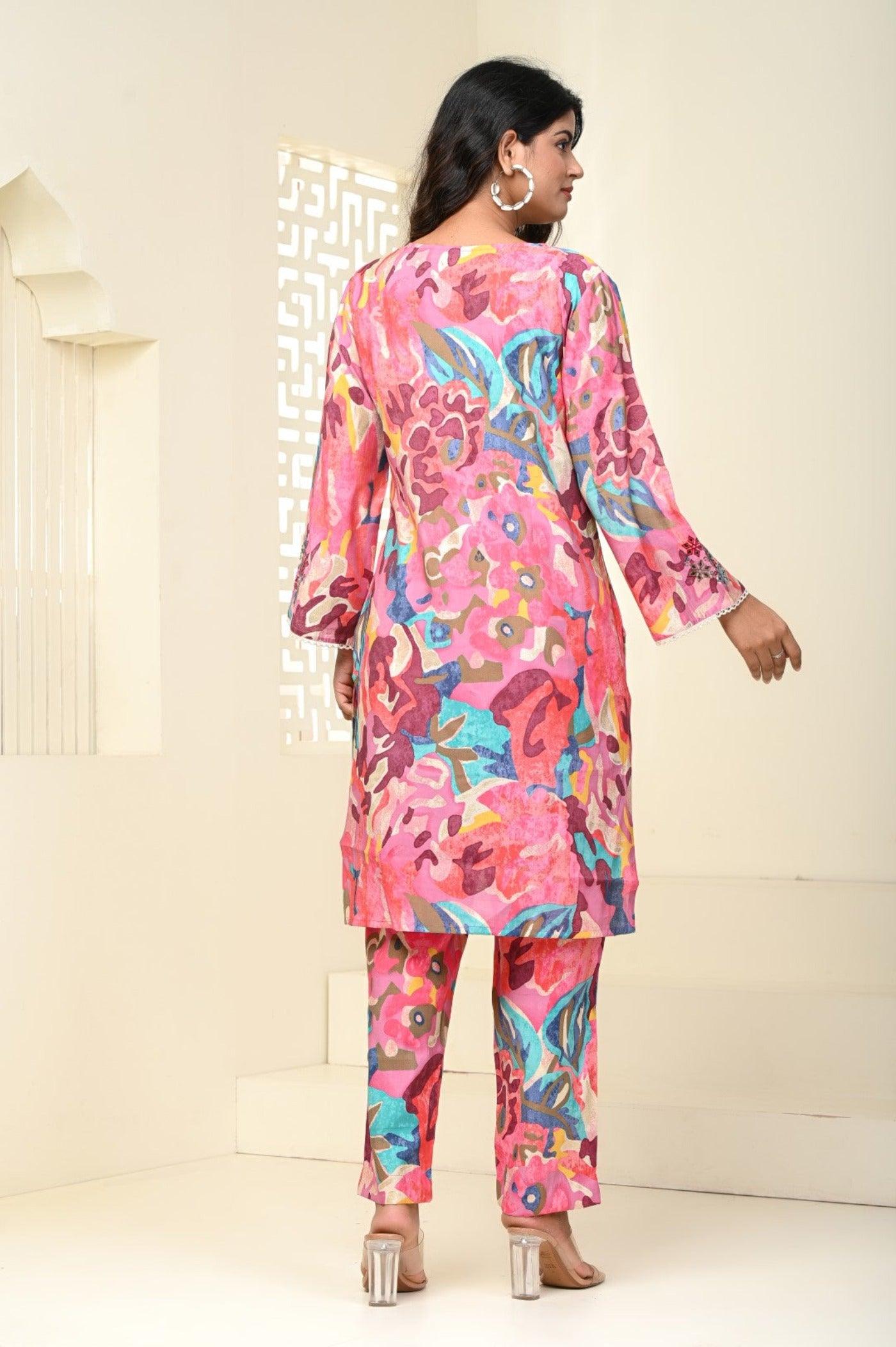 Pink Flower Cord Set for Women - Indo-Western Style | Neelufer Creation