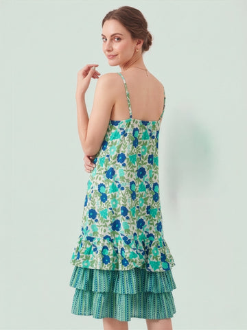 Blue Floral Cotton Middy Dress with Layered Tier Hem