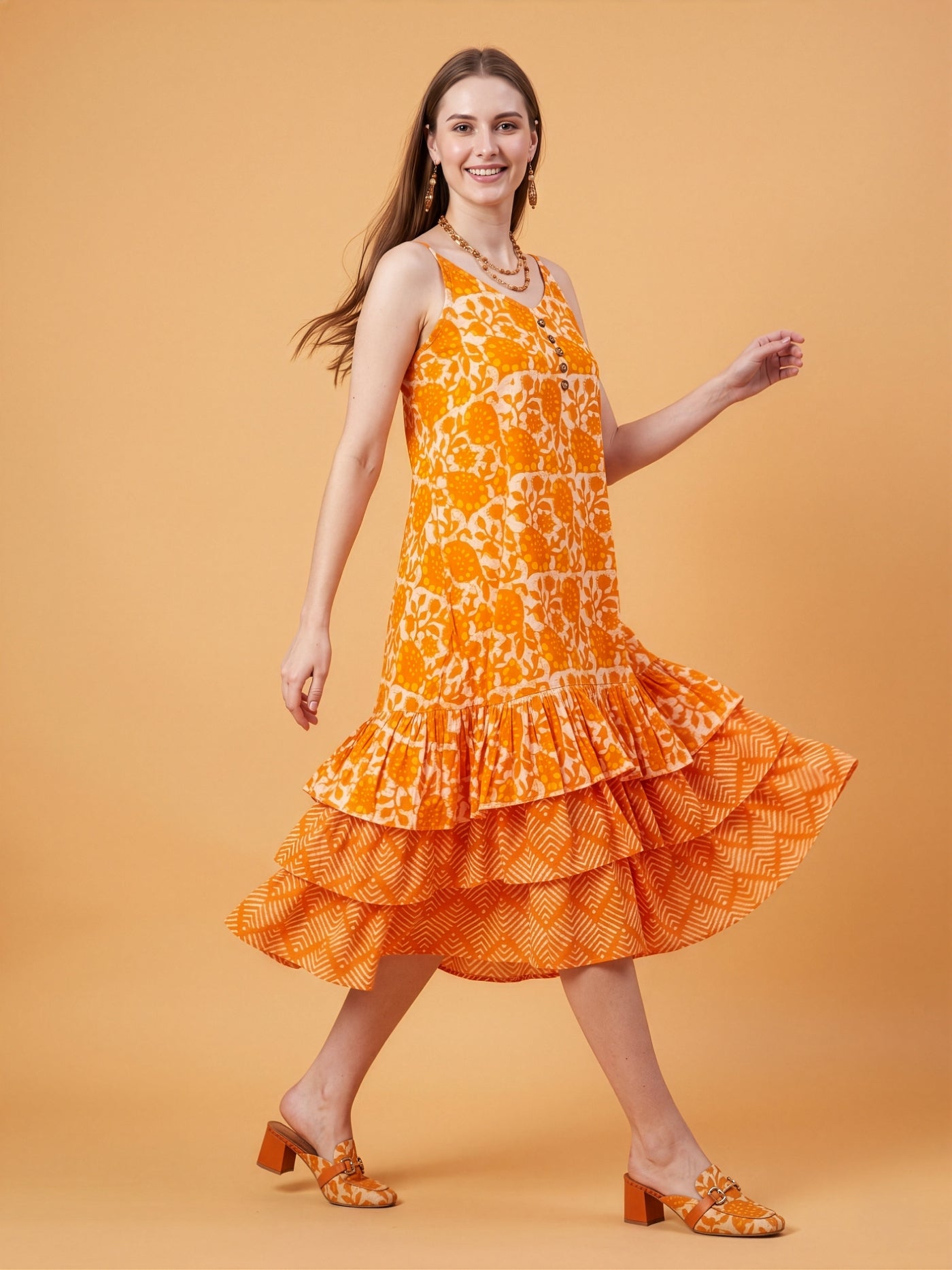 Orange Printed Cotton Middy Dress Wholesale Manufacturer India