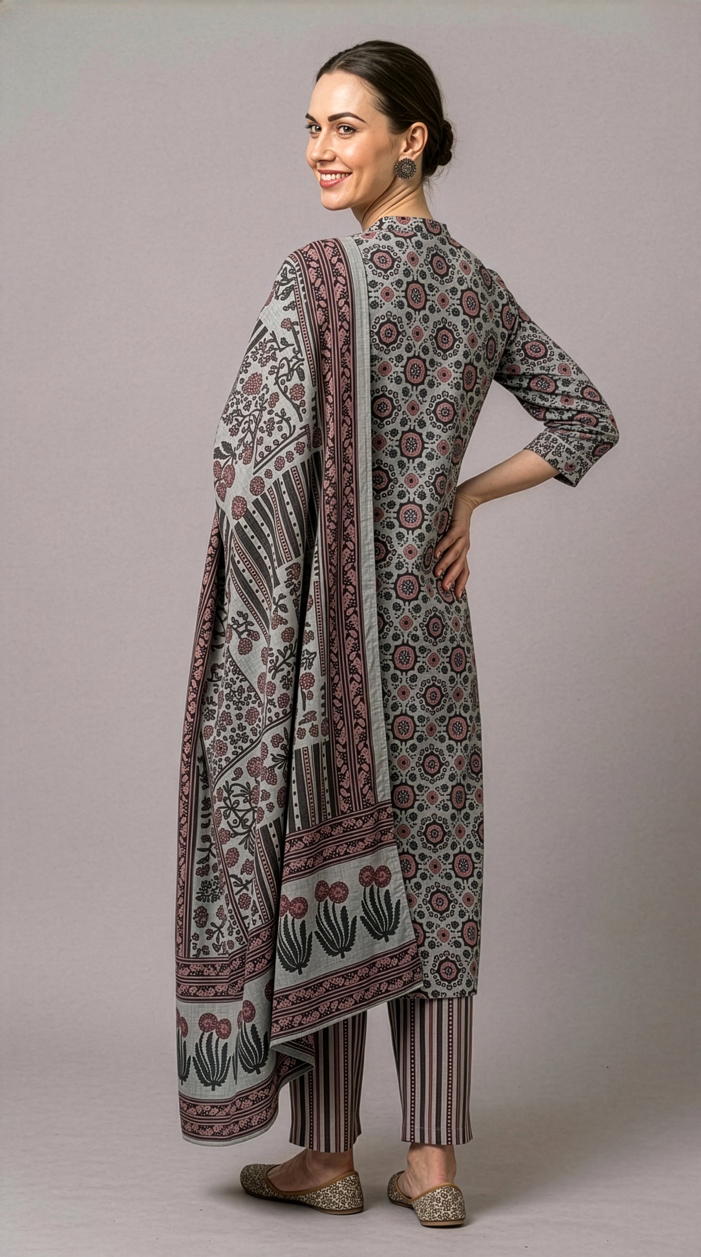 Grey Printed Cotton Dupatta Set Women Wear Wholesale Manufacturer