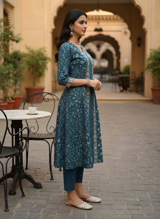 Blue cotton kurta set for women manufacturer supply