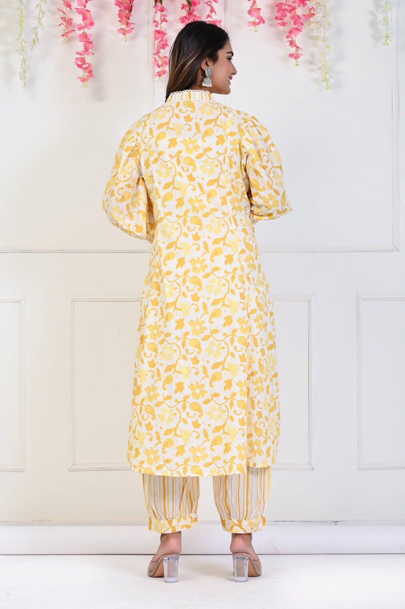 Wholesale women cotton kurta pant dupatta set yellow