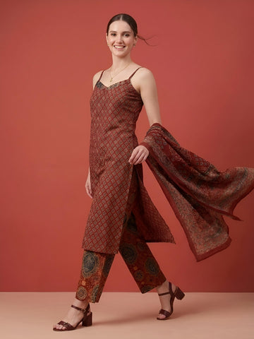 Wholesale Rust Printed Cotton Kurta Set with Dupatta Manufacturer India