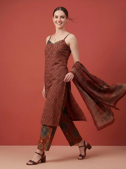 Wholesale Rust Printed Cotton Kurta Set with Dupatta Manufacturer India
