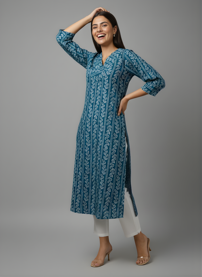 Neelufer Creation teal blue pure cotton kurti front view