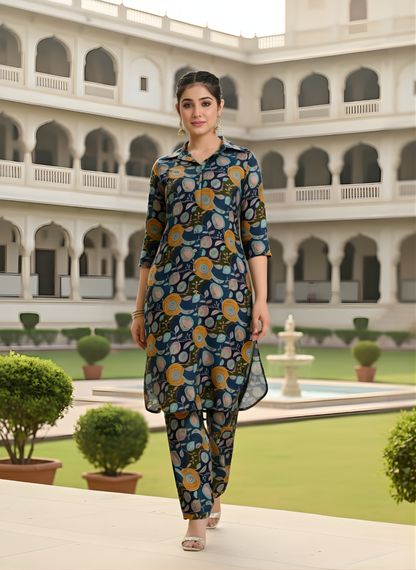 Neelufer Creation indigo printed modal chanderi cord set front view