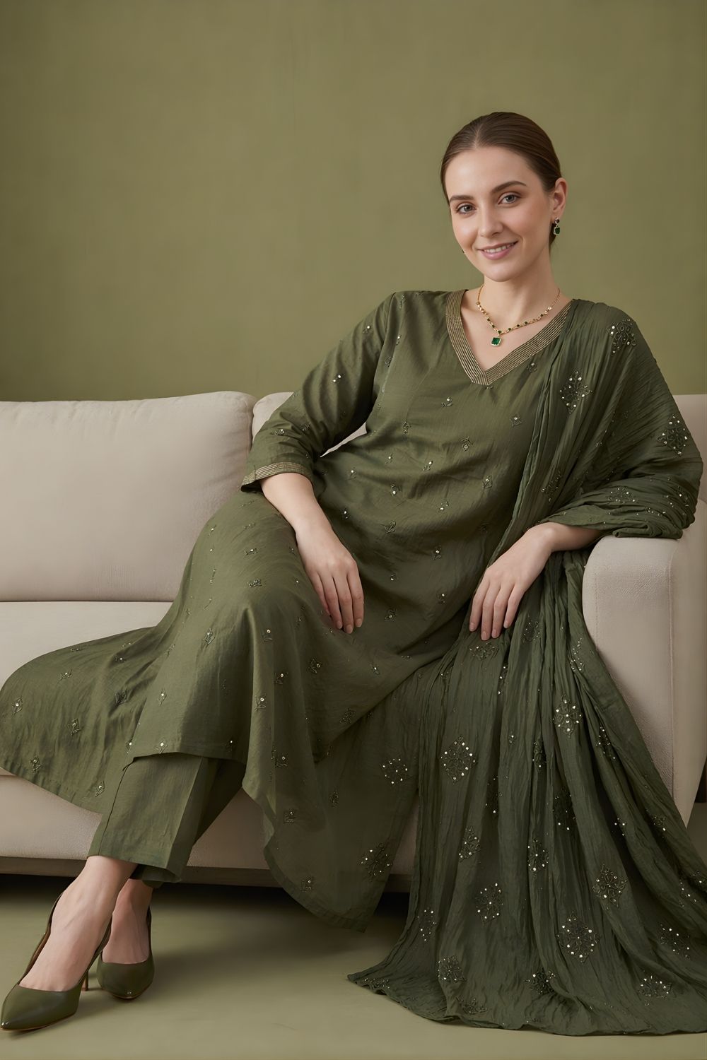 cotton kurti wholesale manufacturer India olive embroidered kurta set