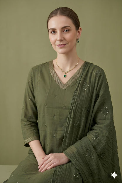 women wear manufacturer Jaipur eco friendly olive cotton dupatta set