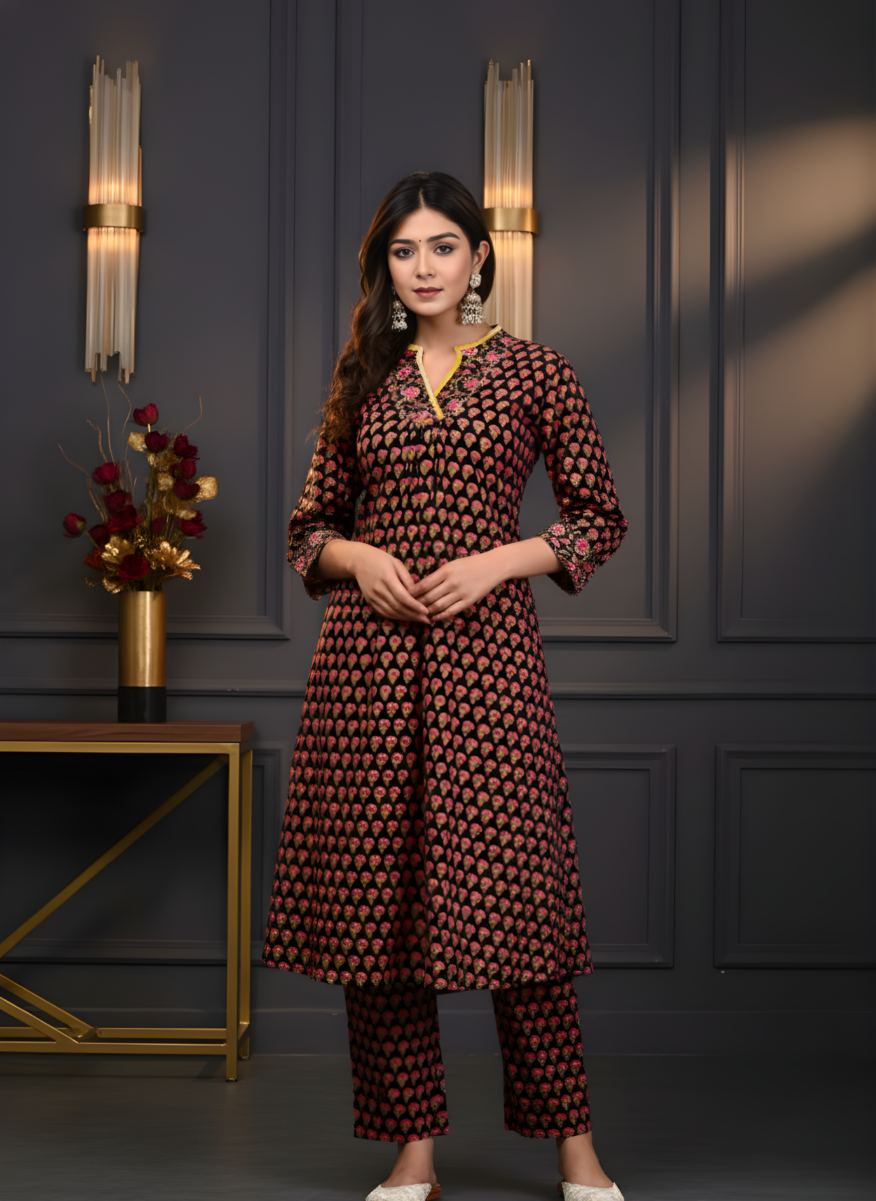 Black Ethnic Motif Pure Cotton Kurta Set – Women Wear Wholesale Manufacturer