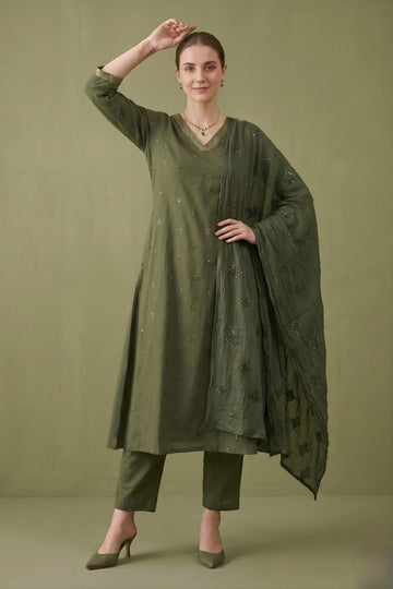 women wear wholesale manufacturer India olive cotton dupatta set