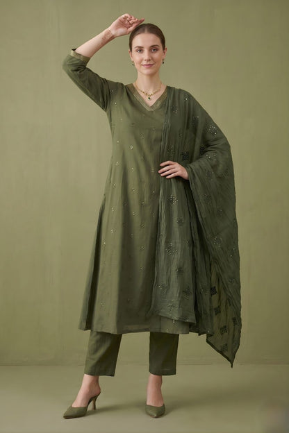 women wear wholesale manufacturer India olive cotton dupatta set