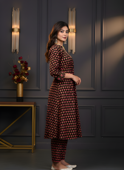 Black Ethnic Motif Pure Cotton Kurta Set – Women Wear Wholesale Manufacturer