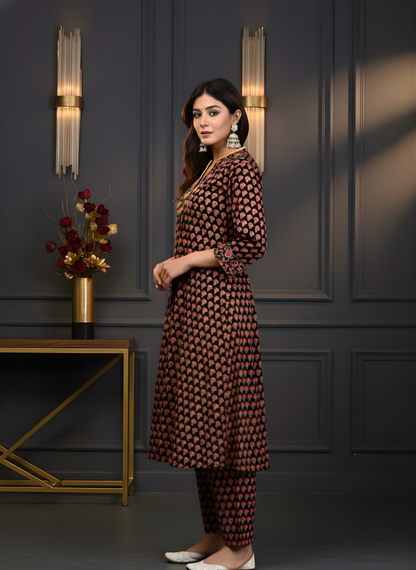 Black Ethnic Motif Pure Cotton Kurta Set – Women Wear Wholesale Manufacturer