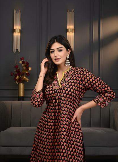 Black Ethnic Motif Pure Cotton Kurta Set – Women Wear Wholesale Manufacturer