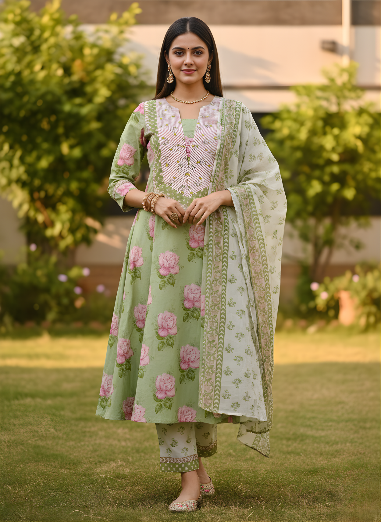 Woman in a light green traditional outfit with pink floral patterns standing outdoors.