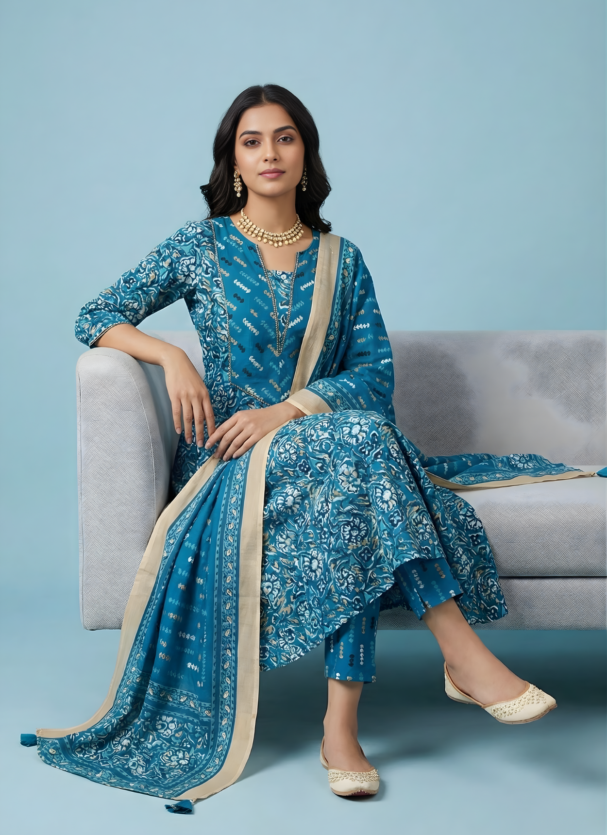 Teal blue ethnic cotton dupatta set women
