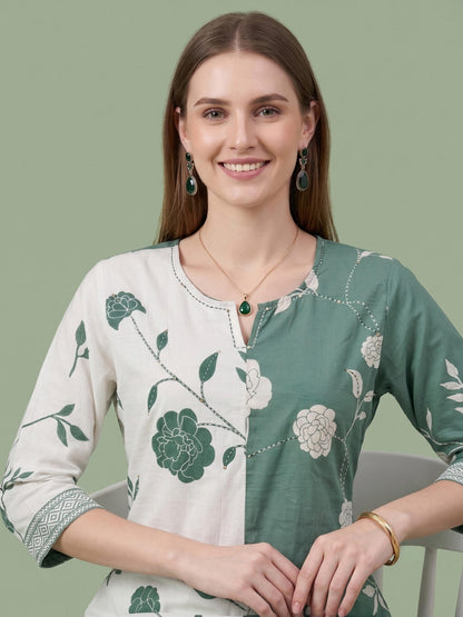 White Green Printed Cotton Kurta Set Women Wear Manufacturer India
