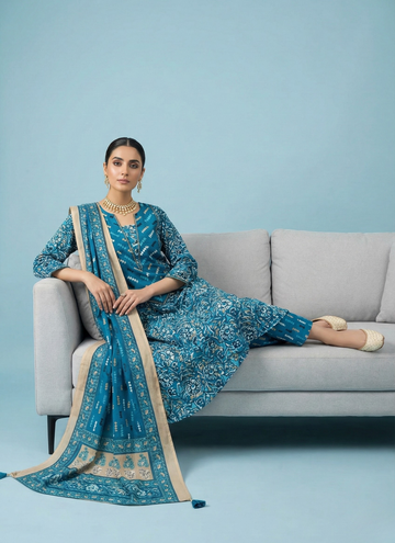 Woman in a blue traditional outfit sitting on a gray couch against a light blue background