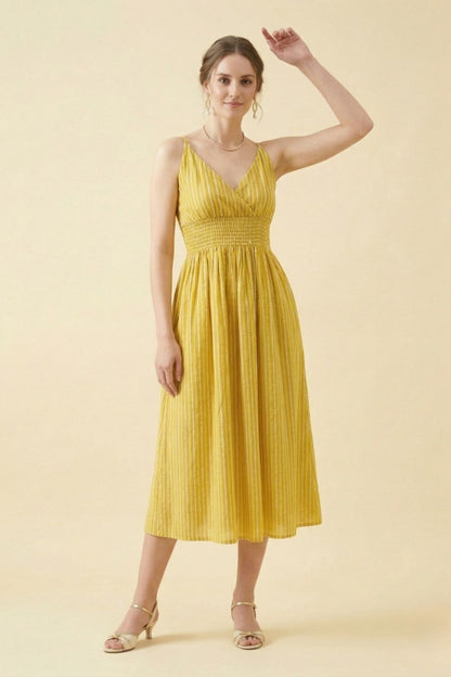 Yellow Cotton Striped Middy Dress Women Wear Manufacturer