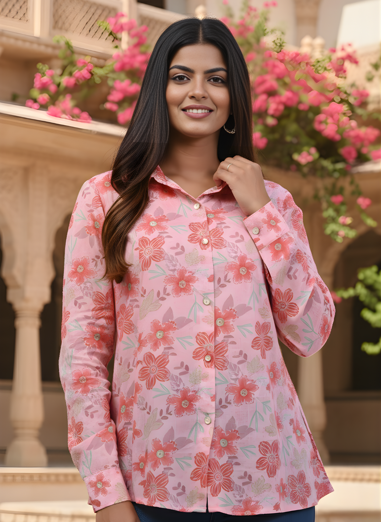 Pink floral cotton mul shirt women wear wholesale